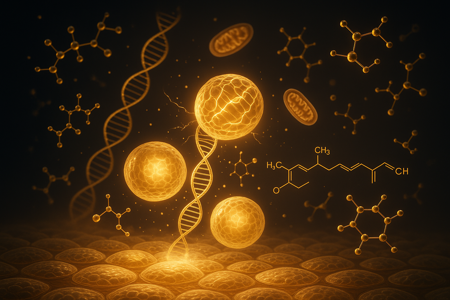 Cellular regeneration visualization with golden light, or sophisticated vitamin A molecular diagram