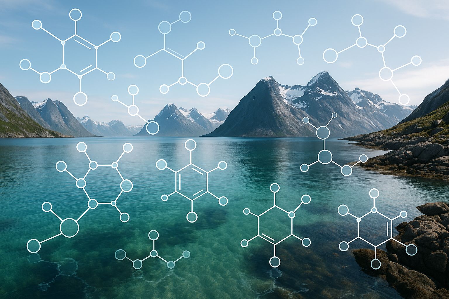 Pristine Nordic seascape with molecular structure overlay