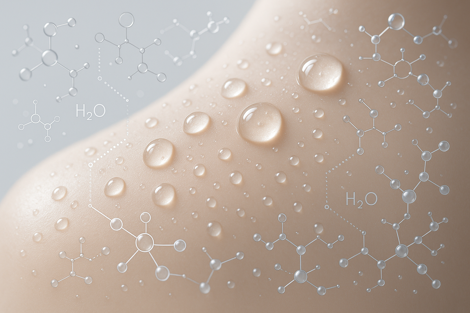 Suggested image: Elegant molecular hydration visualization, or dewdrops on flawless skin with scientific overlay